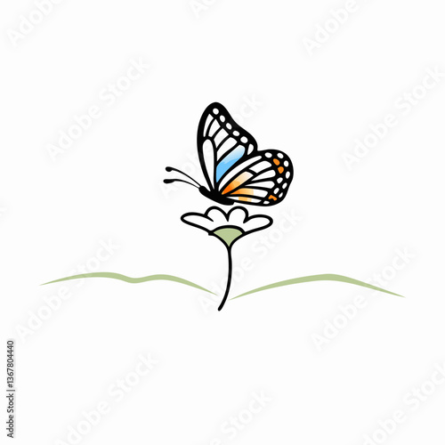Stylized butterfly with orange and blue wings rests on daisy-like flower. Clean minimalist design with simple green stem against white background. Concept: children's books, greeting cards, spring 