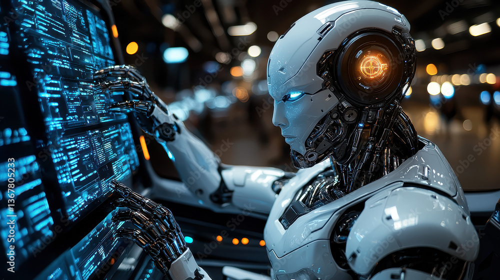 Humanoid robot with advanced cybernetic arm wielding a glowing weapon in a high-tech environment amidst security chaos Humanoid robot with advanced cybernetic arm wielding a glowing weapon in a high-tech environment amidst security chaos
