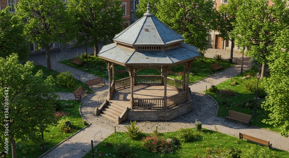 A historic gazebo surrounded by lush greenery in a vibrant city plaza, inviting relaxation and social gatherings in a tranquil environment A historic gazebo surrounded by lush greenery in a vibrant city plaza, inviting relaxation and social gatherings in a tranquil environment