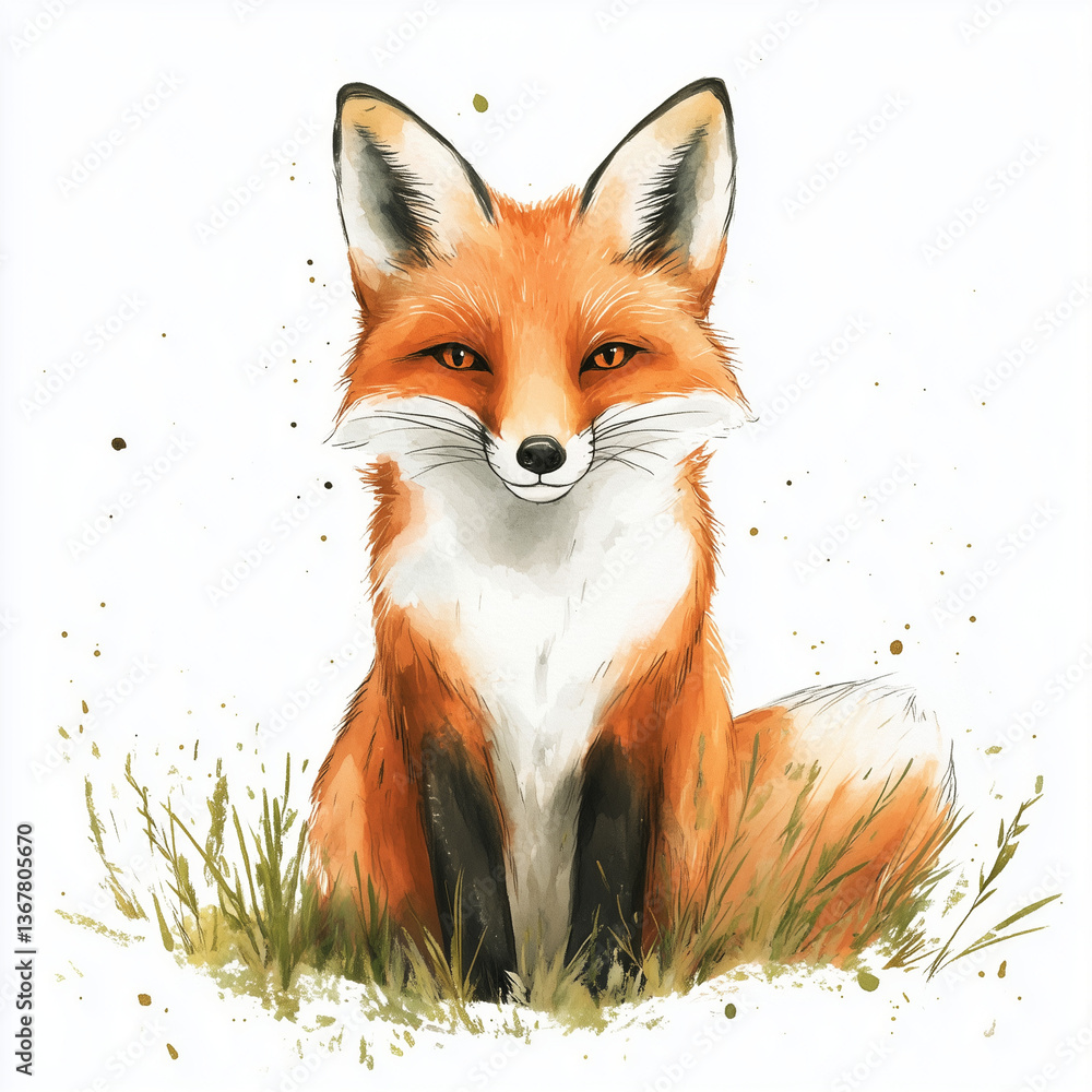 Fototapeta premium Watercolor illustration of a fox sitting foxes isolated on a white background
