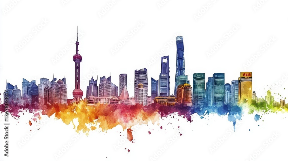 Obraz premium Shanghai Skyline Watercolor Painting - Vibrant watercolor cityscape, showcasing Shanghai's iconic architecture, modern buildings, dynamic energy, cultural richness