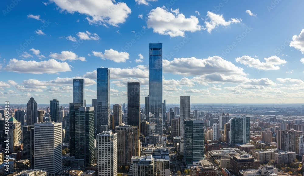 Obraz premium Modern skyscrapers in Chicago create a vibrant urban environment showcasing business, tourism, and sustainability themes.