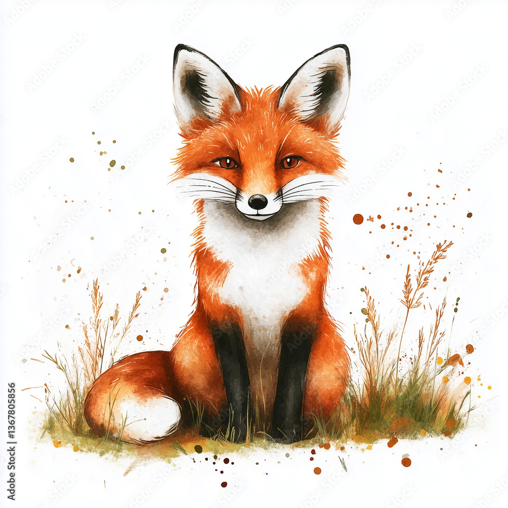 Fototapeta premium Watercolor illustration of a fox sitting foxes isolated on a white background