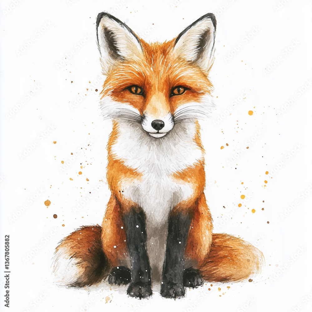 Fototapeta premium Watercolor illustration of a fox sitting foxes isolated on a white background