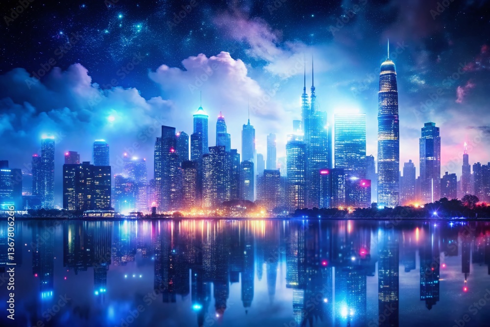 Fototapeta premium Midnight Cityscape Double Exposure: Dreamy Urban Night Scene