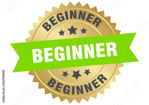 beginner. beginner round green and gold label isolated on transparent background