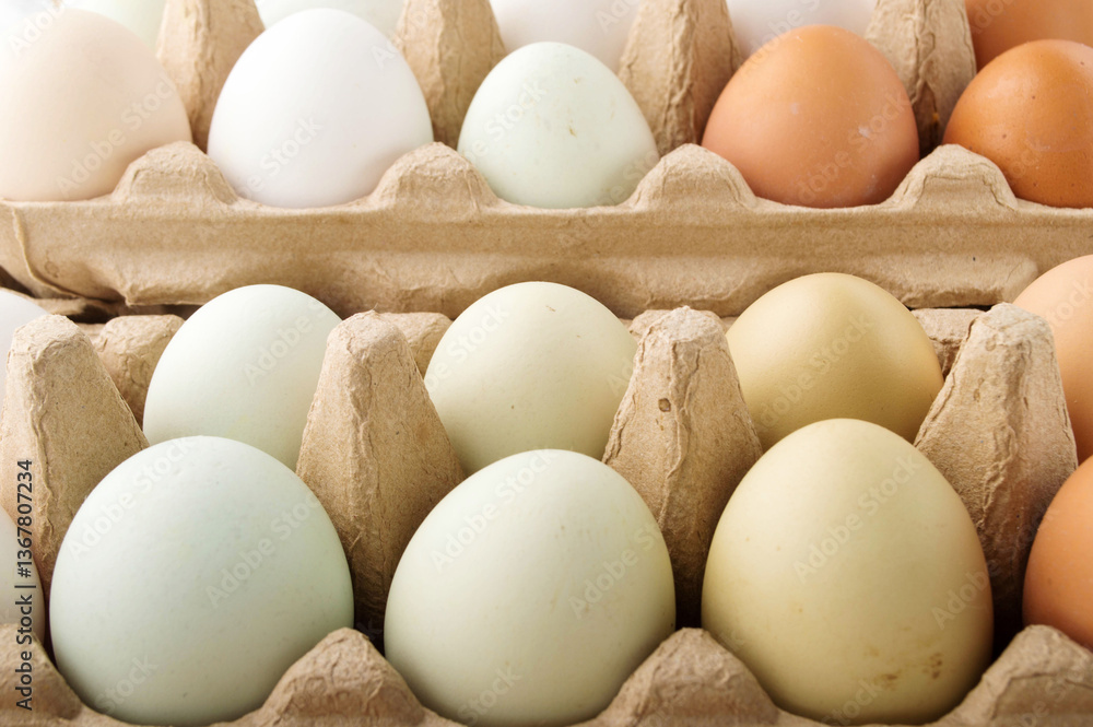Colored chicken eggs in a paper tray. Farmer's eggs of natural shades and colors in a recycled box on a grey concrete background. Healthy organic food, natural farmer's products concept. Colored chicken eggs in a paper tray. Farmer's eggs of natural shades and colors in a recycled box on a grey concrete background. Healthy organic food, natural farmer's products concept.