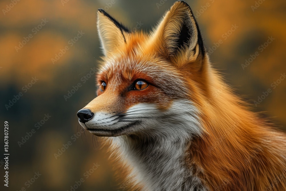 Fototapeta premium Majestic red fox gazing into the distance amidst autumn foliage