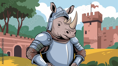 A whimsical depiction of a rhinoceros wearing medieval armor, set against a colorful castle backdrop. Perfect for fantasy themes!