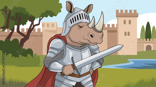A brave rhinoceros clad in shining armor holds a sword, ready for battle. Set against a picturesque castle and serene landscape.