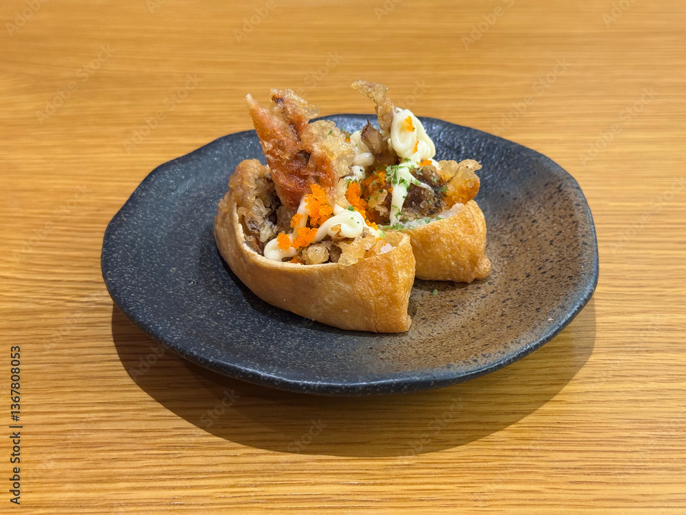 asian japanese sushi mentai cheese soft shel crab bean curd tofu skin rice wrap in plate on wood table asian dim sum halal food restaurant cuisine banquet menu for cafe