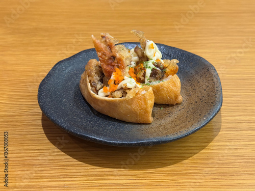 Obraz na płótnie asian japanese sushi mentai cheese soft shel crab bean curd tofu skin rice wrap in plate on wood table asian dim sum halal food restaurant cuisine banquet menu for cafe w salonie