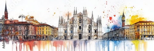 Watercolor Milan Cathedral and Cityscape - Vibrant watercolor painting of Milan's Duomo, showcasing architectural details, city buildings, and a colorful