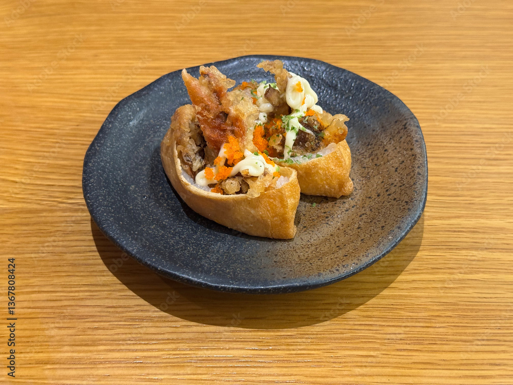 asian japanese sushi mentai cheese soft shel crab bean curd tofu skin rice wrap in plate on wood table asian dim sum halal food restaurant cuisine banquet menu for cafe