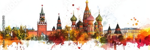 Watercolor Moscow Skyline: Red Square and Kremlin - Scenic watercolor painting of Moscow's iconic Red Square, Kremlin, and St. Basil's Cathedral. Autumnal colors, architecture, history, tourism