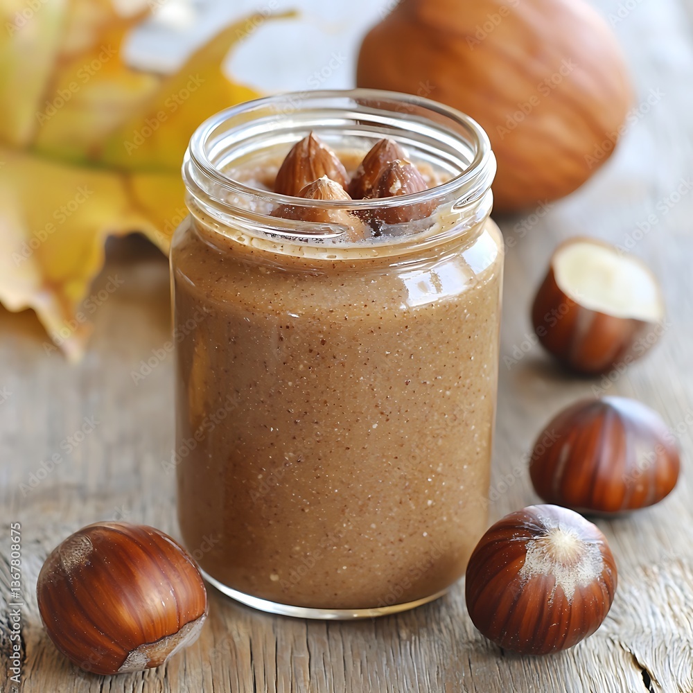 Delicious Hazelnut Spread in a Glass Jar with Autumnal Setting. Delicious Hazelnut Spread in a Glass Jar with Autumnal Setting.