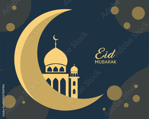 Simple Eid Mubarak Design with Crescent Moon, Mosque Outline, and Stars.