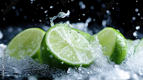 Fresh limes in water splashes
