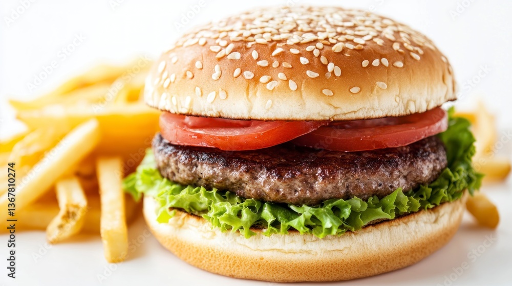 Delicious Burger with Fries Close-up Shot Showcasing Fresh Ingredients Delicious Burger with Fries Close-up Shot Showcasing Fresh Ingredients