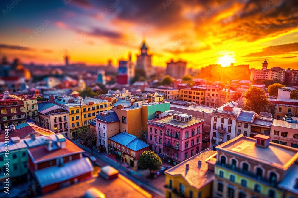Obraz premium Miniature Cityscape at Sunset: Tilt-Shift Radial Gradient Background