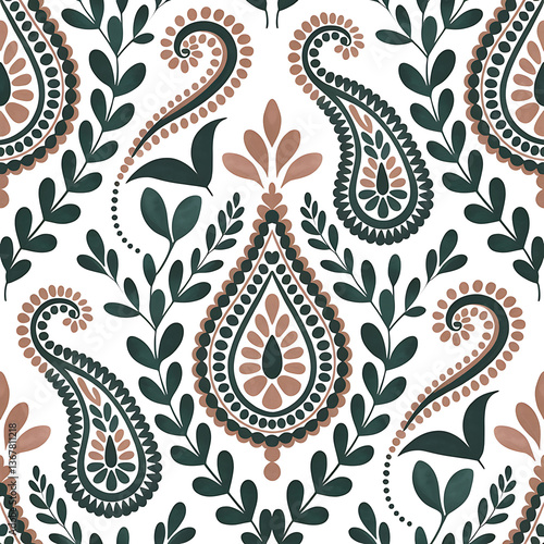  White Background Paisley with Green and Coral Tones