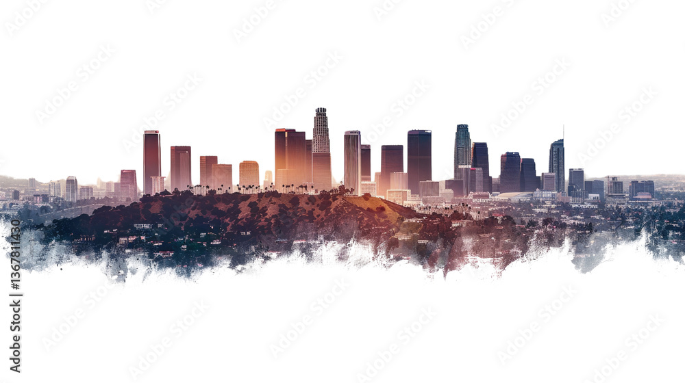 Obraz premium Cityscape Silhouette: A breathtaking cityscape with the sun setting on the horizon, offering a view of urban architecture. Capturing the essence of the modern urban landscape