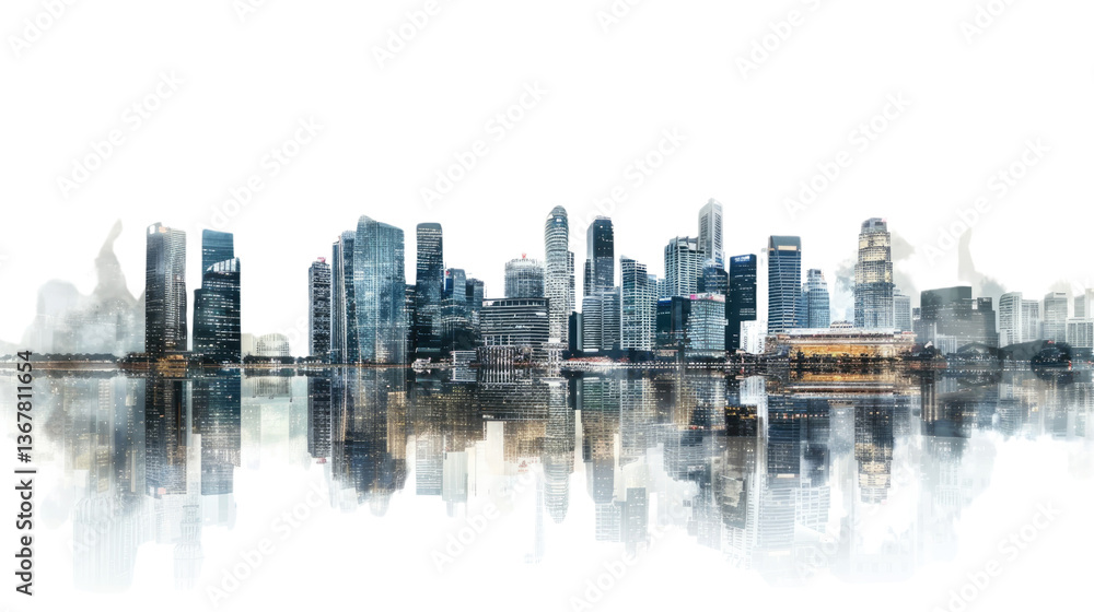 Fototapeta premium Cityscape Reflection: Modern skyscrapers line a waterfront, their sleek facades mirrored in the tranquil water below, portraying the vibrant energy and architectural splendor of an urban metropolis.