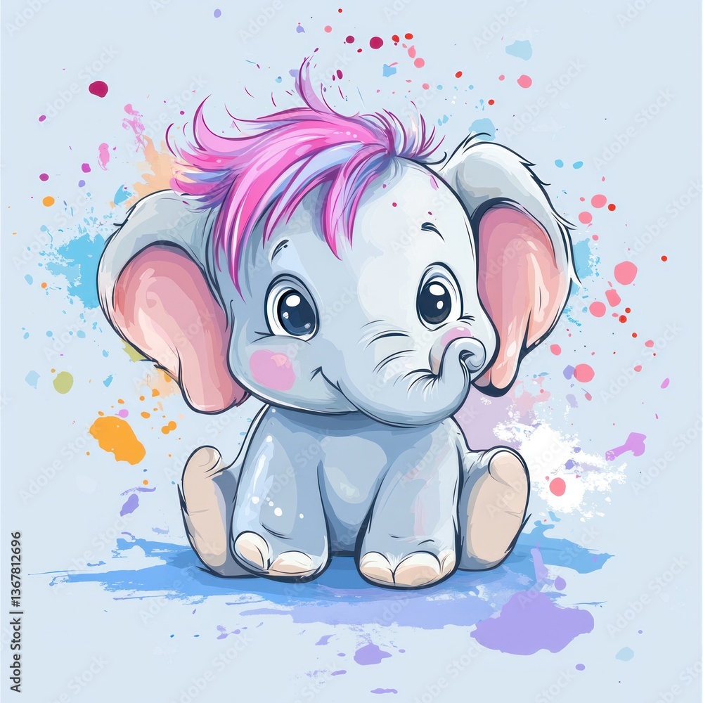 Fototapeta premium Cute elephant illustration with colorful paint splatters