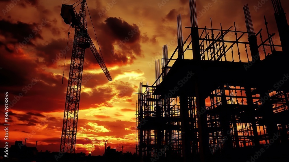 Sunset over Construction Site Silhouette Sunset over Construction Site Silhouette