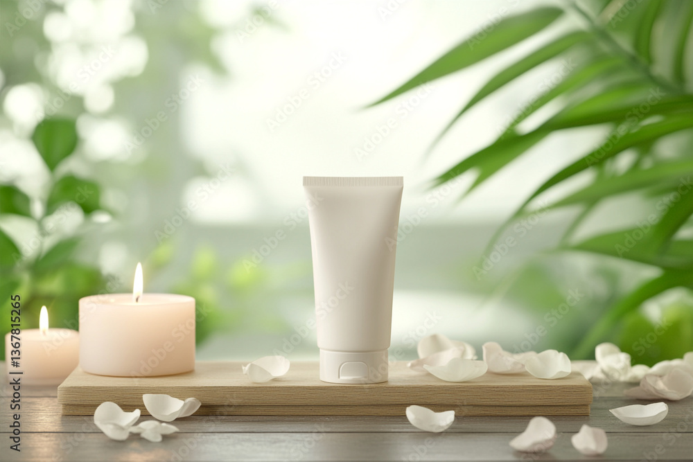 Cream tube mock-up on a wooden surface, flower petals and aromatic candles Cream tube mock-up on a wooden surface, flower petals and aromatic candles