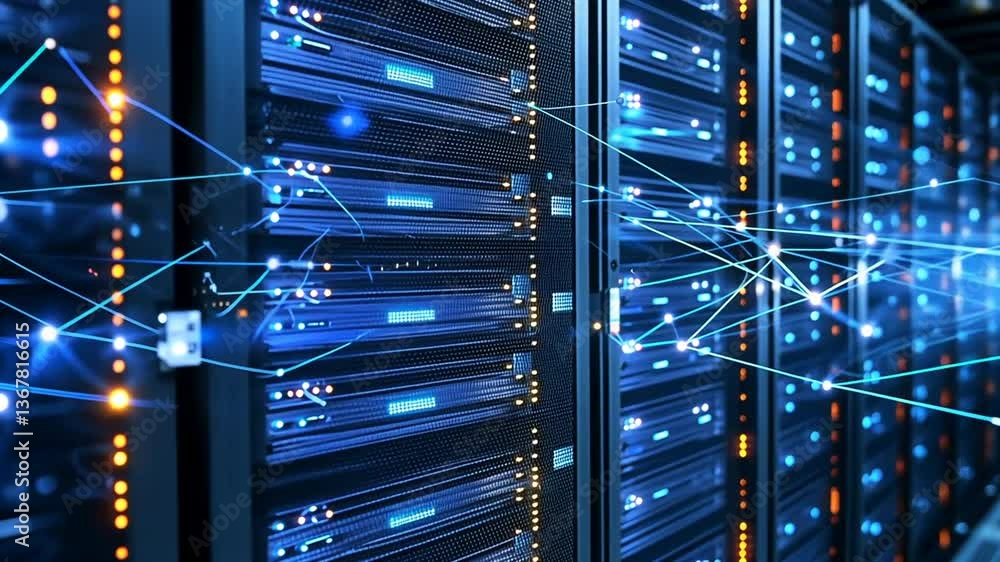 Futuristic server room with networked data transfer provides secure infrastructure