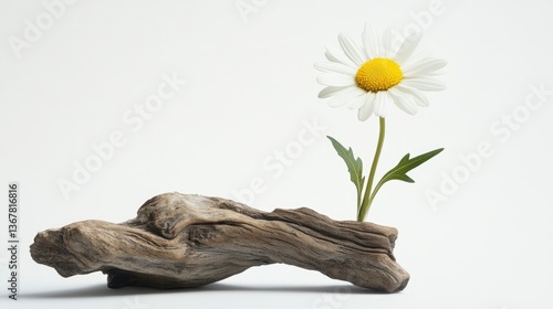 Spring flowers blooming on driftwood minimalist nature scene photo