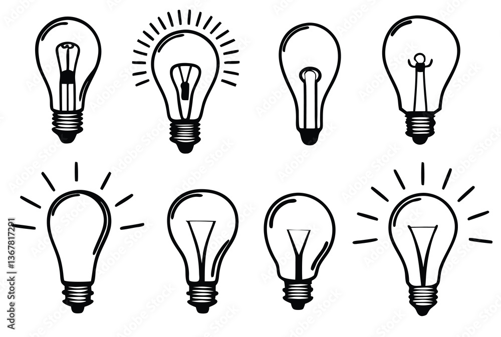 silhouette Set of light bulbs on a white background. Hand drawn vector illustration. silhouette Set of light bulbs on a white background. Hand drawn vector illustration.