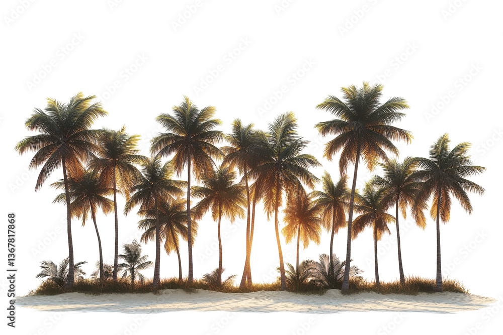 A Serene Tropical Sunset Illuminating A Grove Of Majestic Palm Trees On A Secluded Beach With Warm Golden Light And A Bright Isolated on Transparent Background A Serene Tropical Sunset Illuminating A Grove Of Majestic Palm Trees On A Secluded Beach With Warm Golden Light And A Bright Isolated on Transparent Background