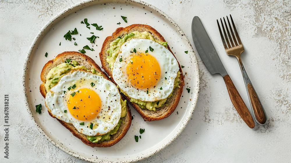 Fried eggs on white bread toast with guacamole.