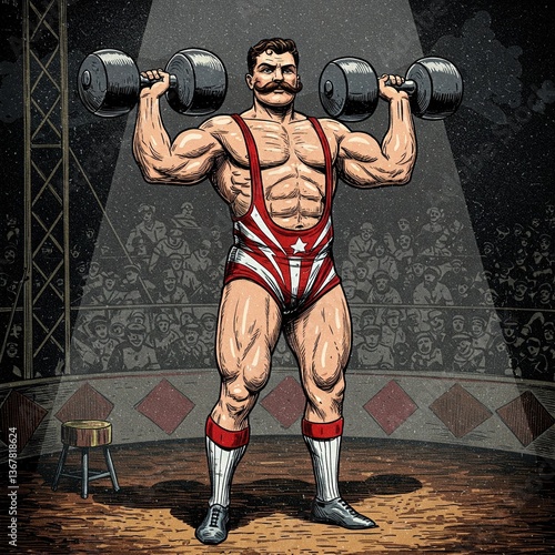 muscular athlete in a red-striped vintage wrestling outfit flexing his muscles in a traditional strongman pose under the circus lights.