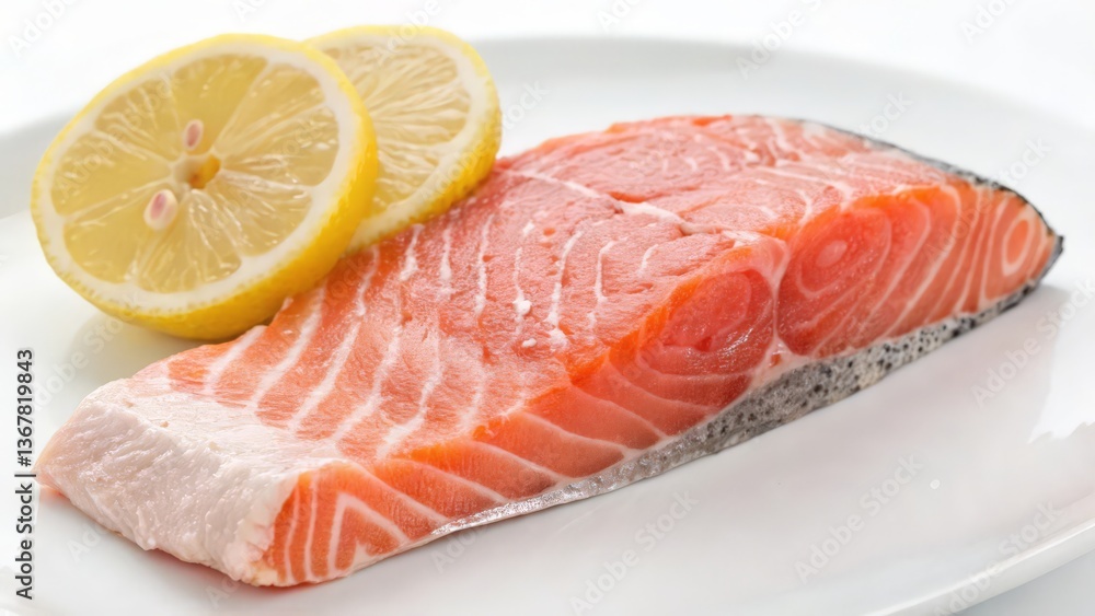 Fresh Raw Salmon Fillet with Lemon Slices on a White Plate, Gourmet Seafood
Fresh Raw Salmon Fillet with Lemon Slices on a White Plate, Gourmet Seafood