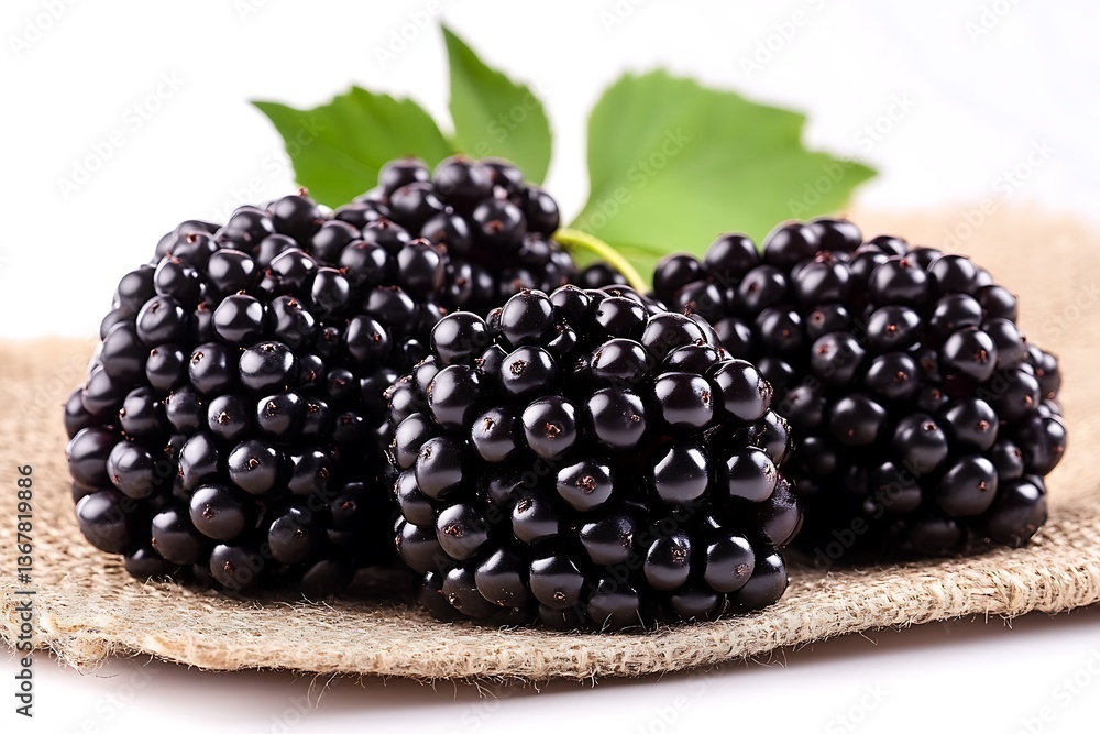 Three ripe blackberries on burlap, with leaves. Three ripe blackberries on burlap, with leaves.