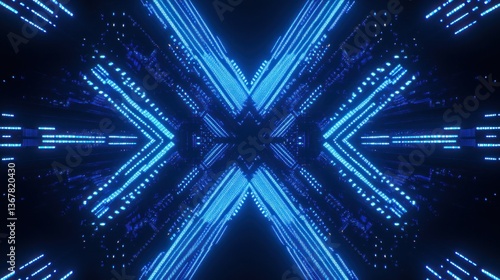 Fototapeta Naklejka Na Ścianę i Meble -  Neon Blue Light Tunnel, X-Shape
