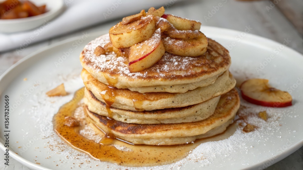 Fluffy Pancakes with Caramelized Apple Slices and Maple Syrup Drizzle

