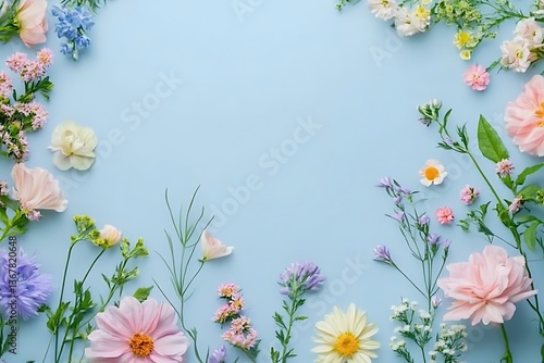 Pastel Flower Frame on a Light Blue Background A Springtime Floral Design.