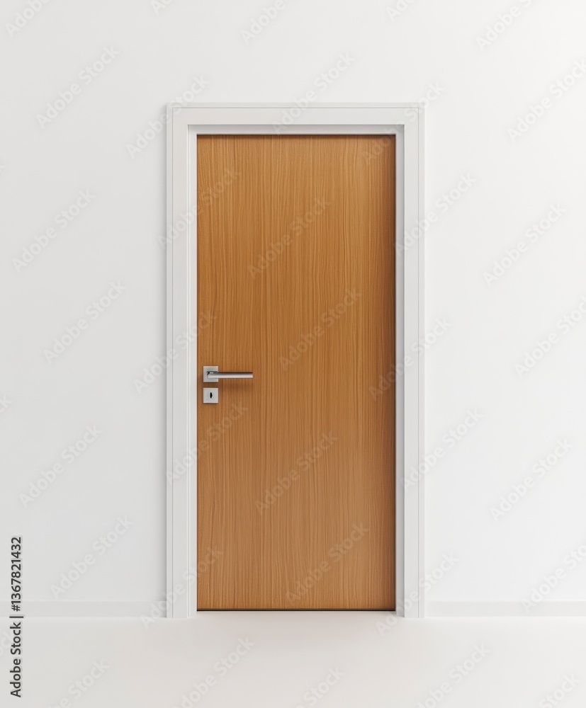 Modern Wooden Door with Handle in White Frame Against White Wall Modern Wooden Door with Handle in White Frame Against White Wall