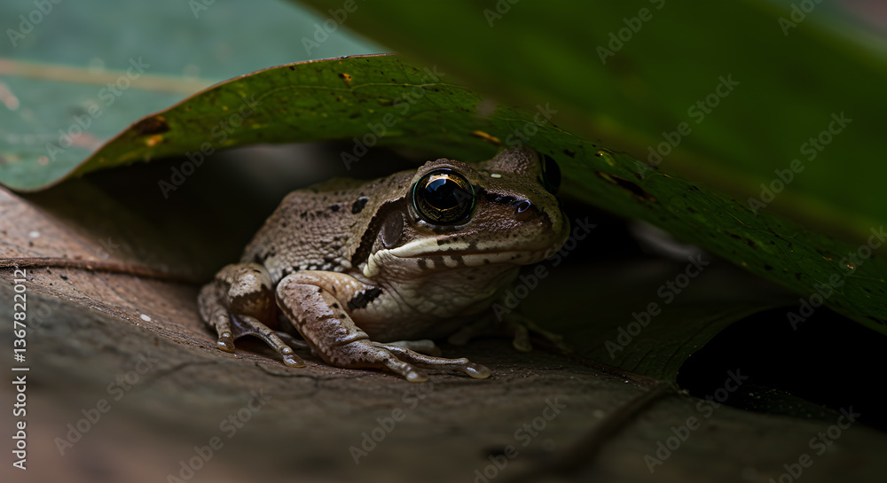 Fototapeta premium Concealed amphibian portrait: A tree frog hidden beneath a spacious, verdant leaf