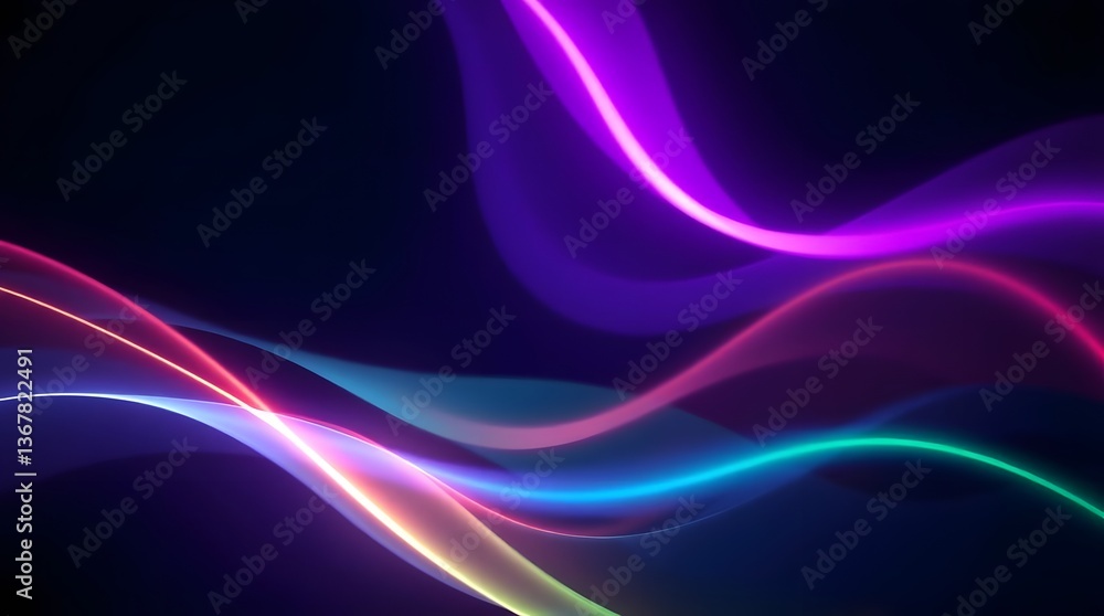 Abstract background with flowing neon light trails in shades of purple blue and pink on dark backdrop Abstract background with flowing neon light trails in shades of purple blue and pink on dark backdrop