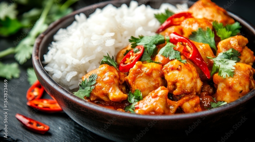 Enjoy a steaming bowl of grilled spicy chicken alongside fluffy rice, accented with fresh herbs and red chilies, all presented on a dark slate table Enjoy a steaming bowl of grilled spicy chicken alongside fluffy rice, accented with fresh herbs and red chilies, all presented on a dark slate table