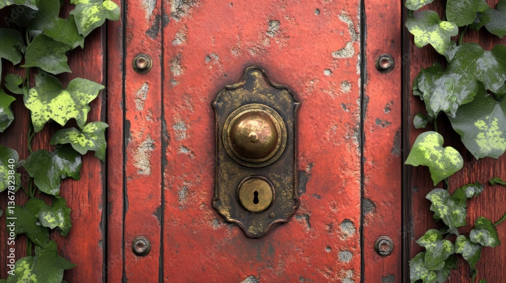 Fototapeta premium Worn Red Door with Ivy and Doorbell