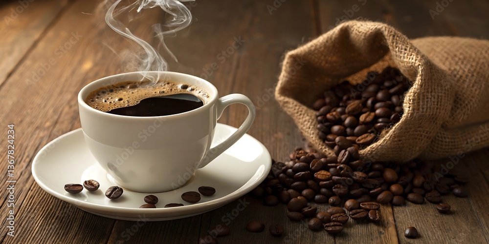 Fototapeta premium Aromatic Hot Coffee in a White Mug with Roasted Coffee Beans Spilled from a Burlap Sack on a Rustic Wooden Table
