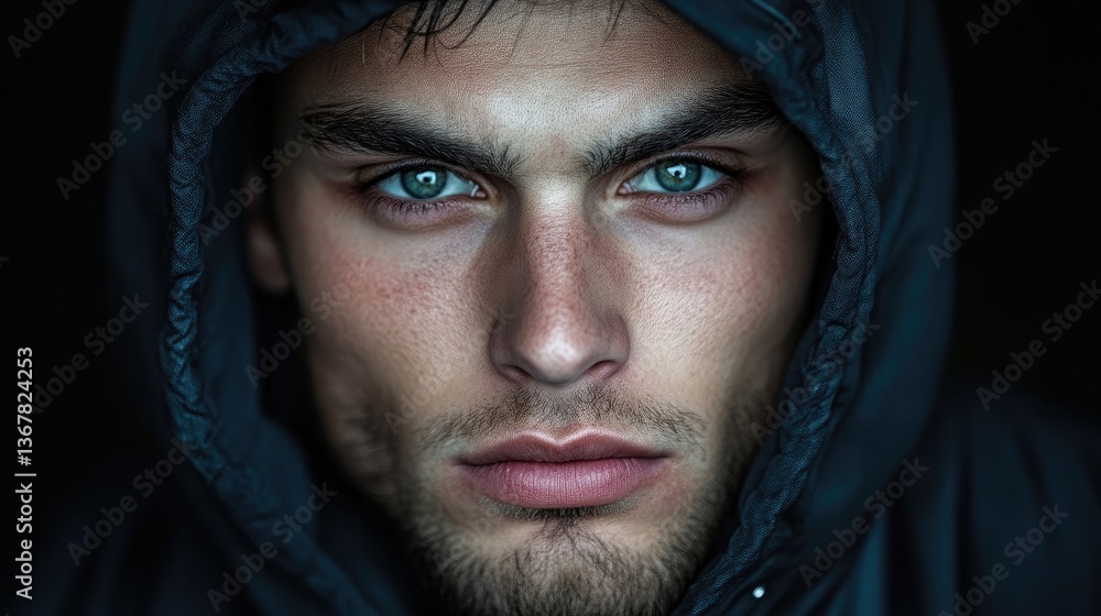 Close-up portrait of a man in a hooded jacket Close-up portrait of a man in a hooded jacket