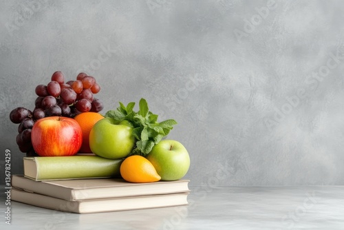 Fresh fruits and books on a table