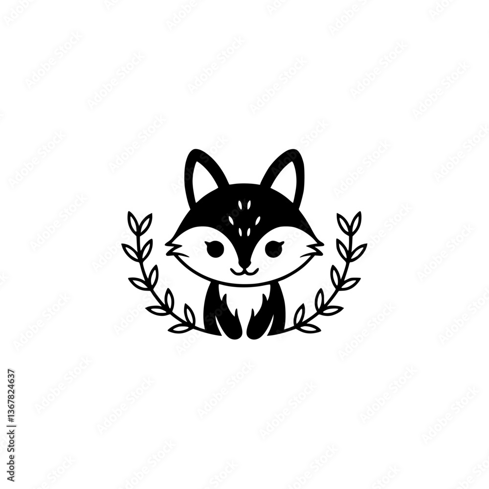 Fototapeta premium Adorable Black Fox Logo with Laurel Wreath, Minimalist Design